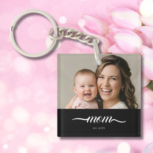 Mom Established Modern White Script Photo Keychain