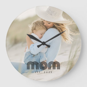 Mom Established Modern White Script Photo Large Clock