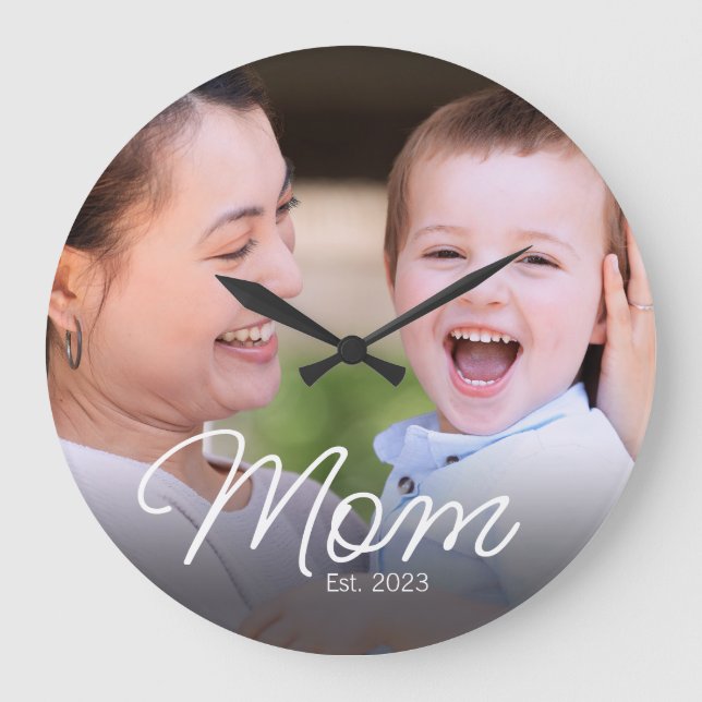 Mom Established Modern White Script Photo Large Clock (Front)
