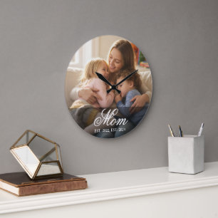 Mom Established Modern White Script Photo Large Clock