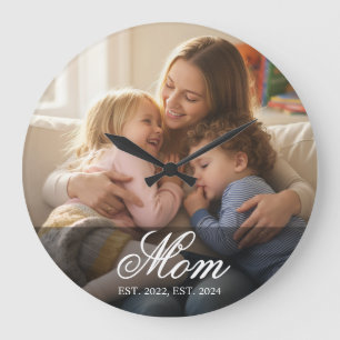 Mom Established Modern White Script Photo Large Clock