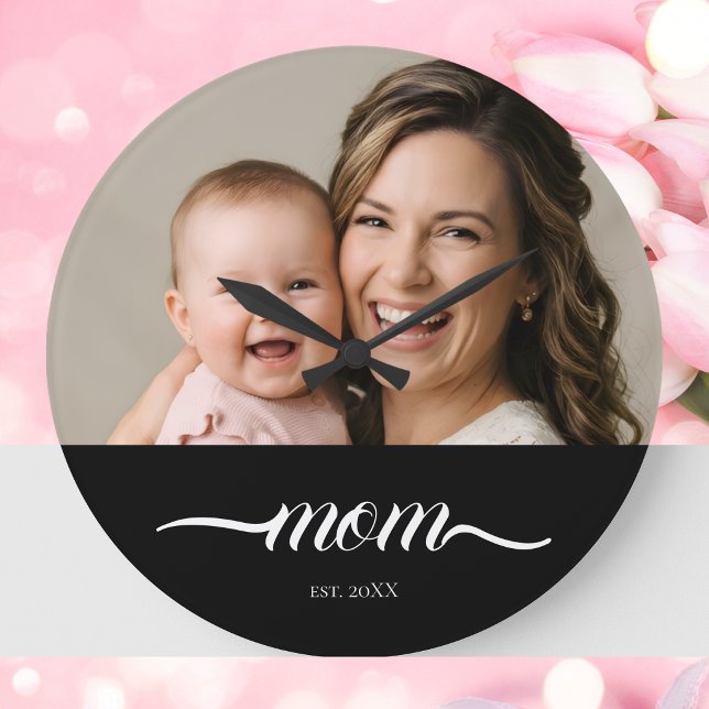 Mom Established Modern White Script Photo Large Clock (Creator Uploaded)