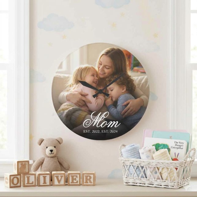 Mom Established Modern White Script Photo Large Clock (Mom Established Modern White Script Photo Large Clock )