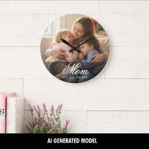 Mom Established Modern White Script Photo Large Clock