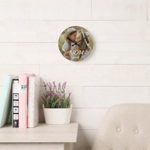 Mom Established Modern White Script Photo Round C Clock