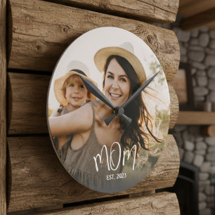 Mom Established Modern White Script Photo Round Cl Clock