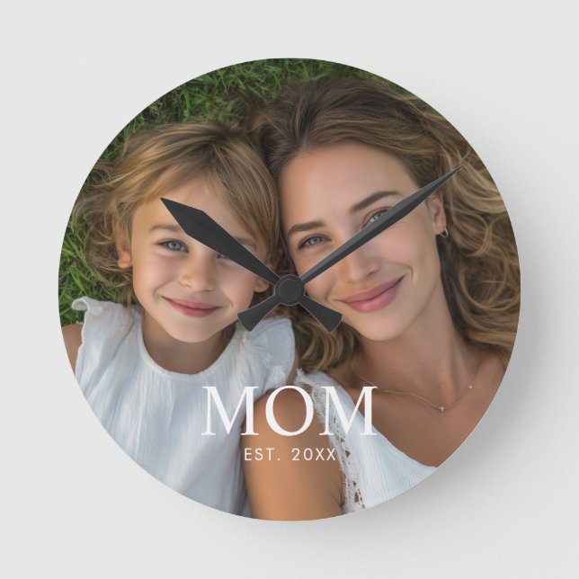 Mom Established Modern White Script Photo  Round Clock (Front)