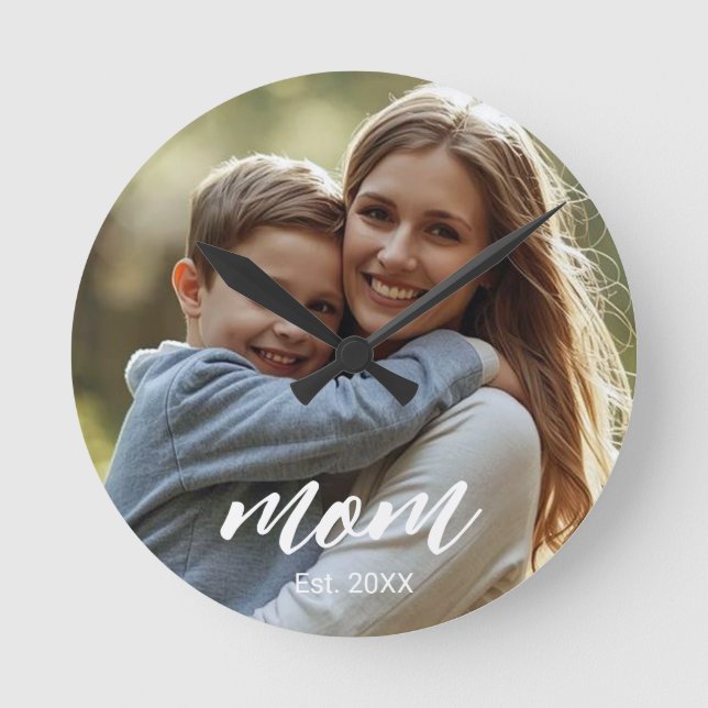 Mom Established Modern White Script Photo Round Clock (Front)