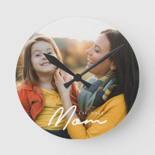 Mom Established Modern White Script Photo Round Clock