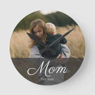 Mom Established Modern White Script Photo Round Clock