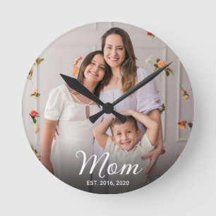 Mom Established Modern White Script Photo  Round Clock