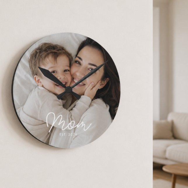 Mom Established Modern White Script Photo Round Clock (Creator Uploaded)