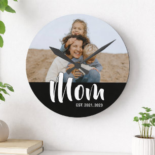 Mom Established Modern White Script Photo Round Clock