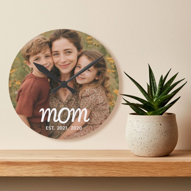 Mom Established Modern White Script Photo Round Clock (Creator Uploaded)