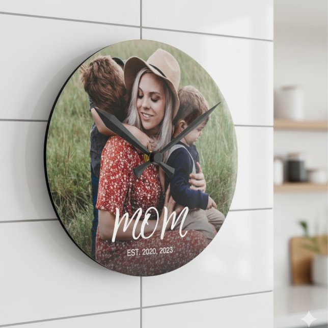 Mom Established Modern White Script Photo Round Clock (Creator Uploaded)