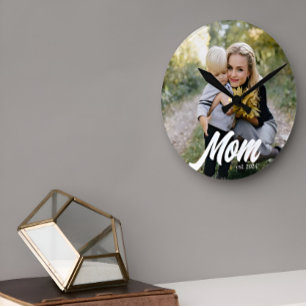 Mom Established Modern White Script Photo Round Clock