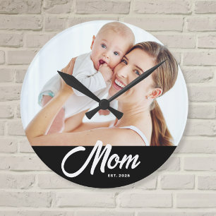 Mom Established Modern White Script Photo Round Clock