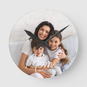 Mom Established Modern White Script Photo Round Clock