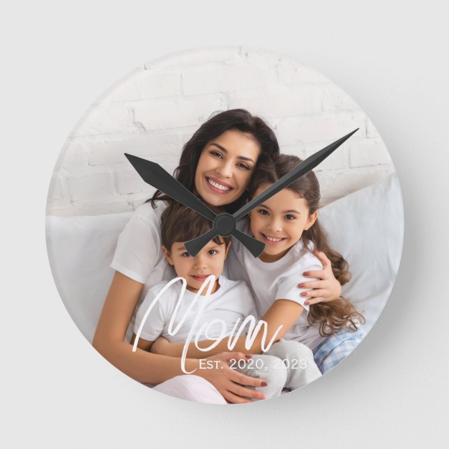 Mom Established Modern White Script Photo  Round Clock (Front)