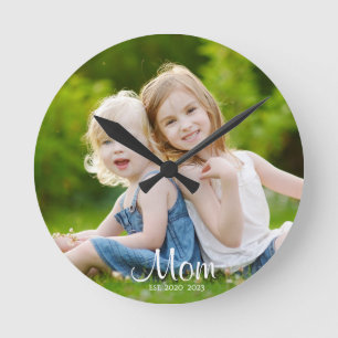 Mom Established Modern White Script Photo Round Clock