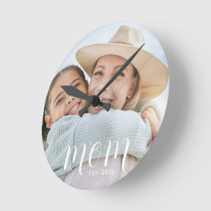 Mom Established Modern White Script Photo Round Clock
