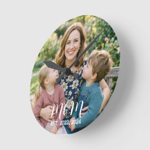 Mom Established Modern White Script Photo Round Clock