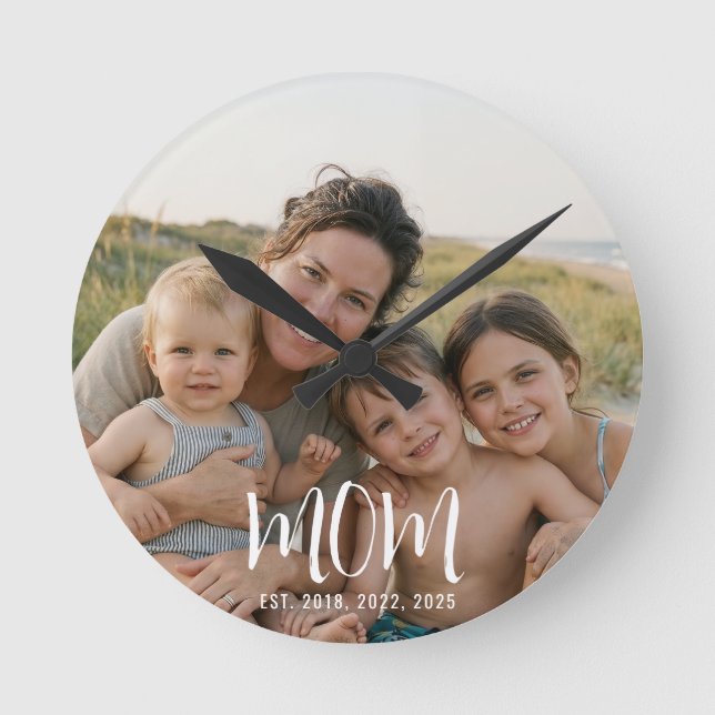 Mom Established Modern White Script Photo Round Clock (Front)