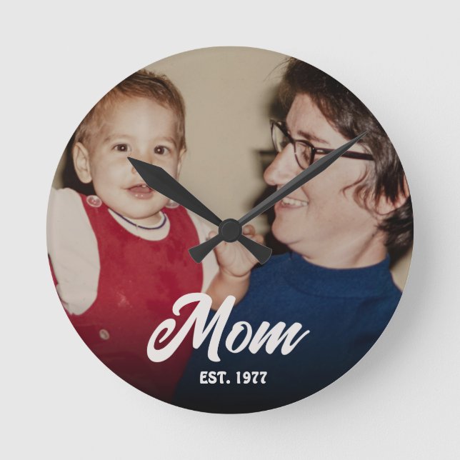 Mom Established Modern White Script Photo Round Clock (Front)