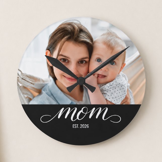 Mom Established Modern White Script Round Clock (Creator Uploaded)