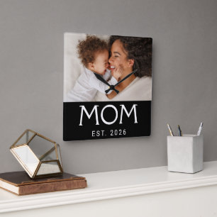 Mom Established Modern White Typography Photo Square Wall Clock