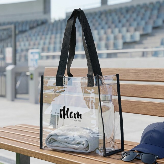 Mom Established New Mom Gift Black Script Clear Tote Bag (Mom Established Clear Stadium Bag)