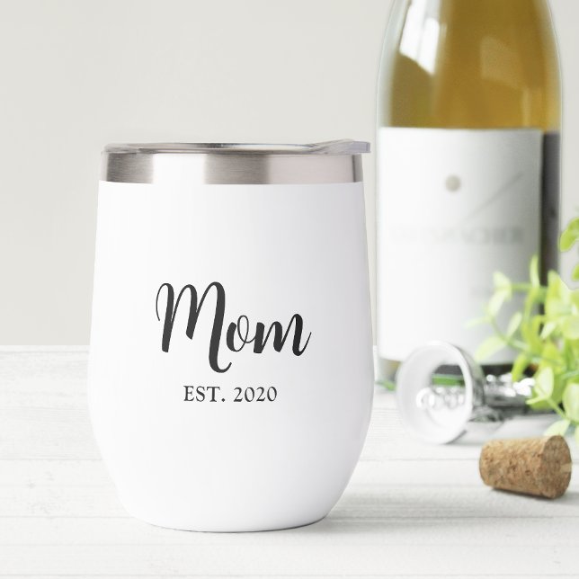 Mom Established New Mom Gift Thermal Wine Tumbler (Mom established elegant script personalised wine tumbler gift for Mother's day or just because!)