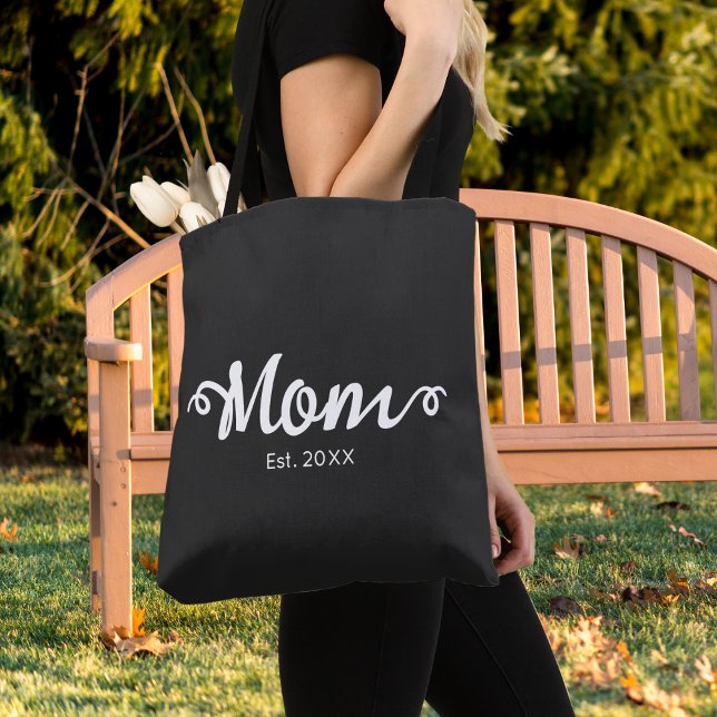 Mom Established New Mom Gift Tote Bag (Mom Established New Mom Gift Tote Bag in Black with White Script Text, Est Date.)