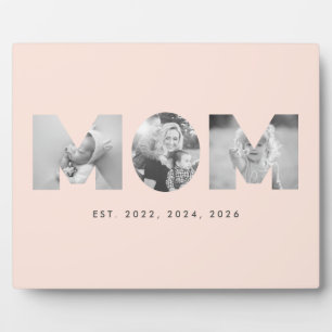Mom Established Pastel Peach Minimalist 3 Photo Plaque