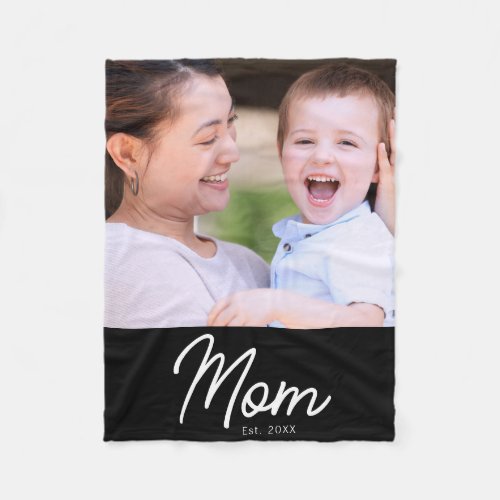 Mom Established Photo Black Script Minimal Elegant Fleece Blanket