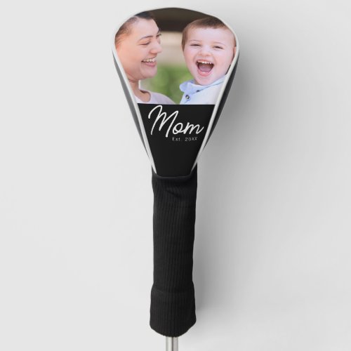 Mom Established Photo Black Script Minimal Elegant Golf Head Cover