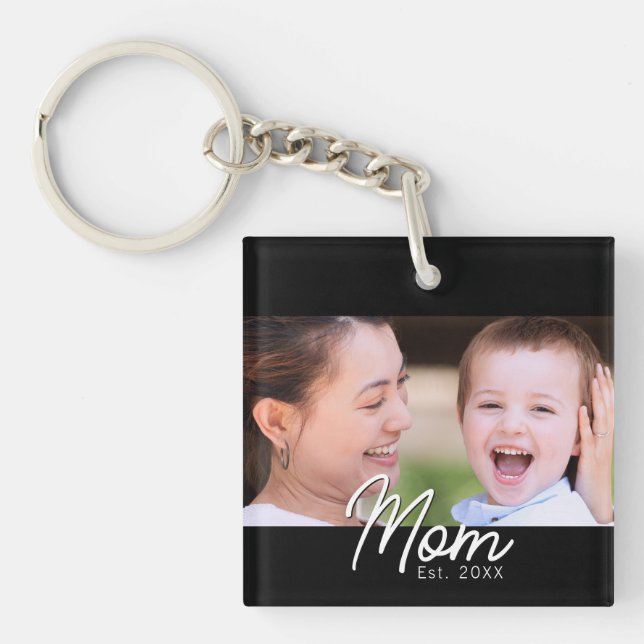Mom Established Photo Black Script Minimal Elegant Keychain (Front)