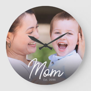 Mom Established Photo Black Script Minimal Elegant Large Clock