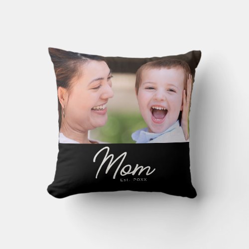 Mom Established Photo Black Script Minimal Elegant Throw Pillow