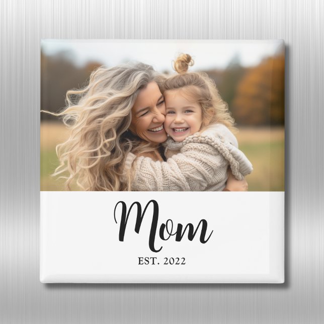 Mom Established Photo Gift Magnet (Mom established fridge magnet with elegant personalizable black script and customizable photo)