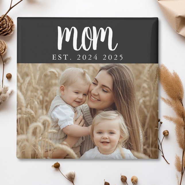 Mom Established Photo Gift Magnet (minimal black and white mom established date magnet with photo and multiple dates stocking stuffer)