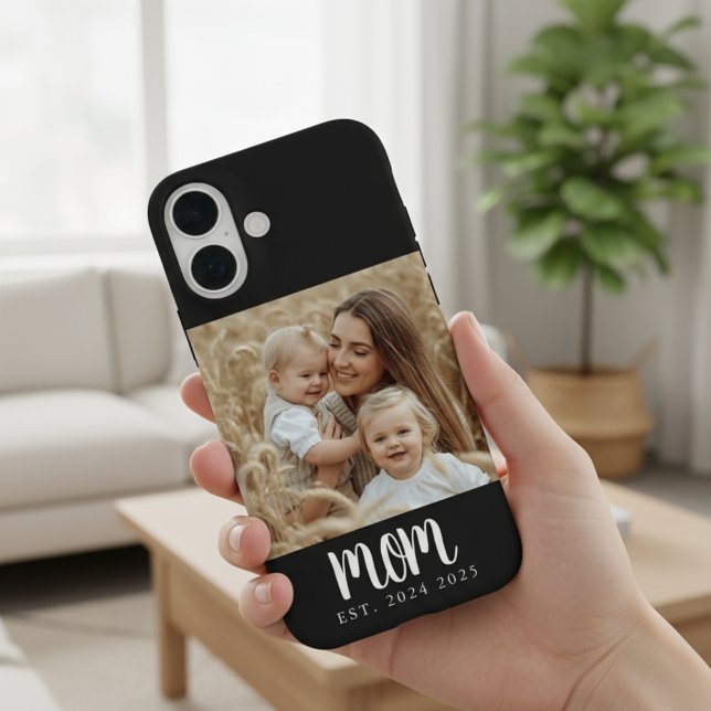 Mom Established Photo Gift Magnet Case-Mate iPhone Case (simple trendy black and white photo mom established date iphone case for modern stocking stuffer)