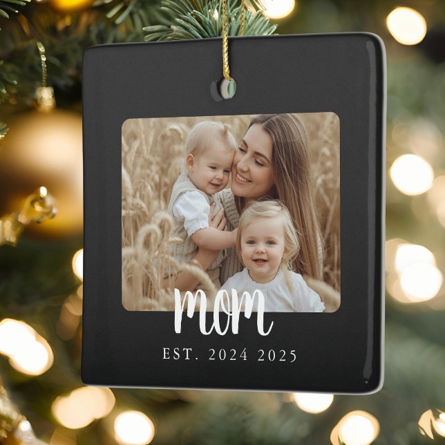 Mom Established Photo Gift Magnet Ceramic Ornament (modern simple black and white photo mom established date christmas ornament gift for mother or mama)