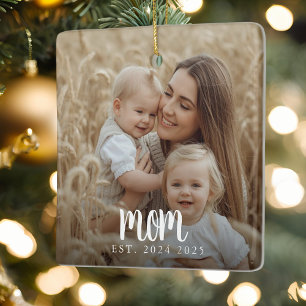 Mom Established Photo White Script Ceramic Ornament