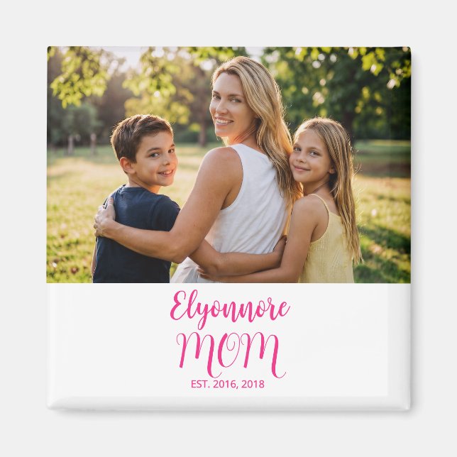 Mom Established Pink Script Name Photo  Magnet (Front)