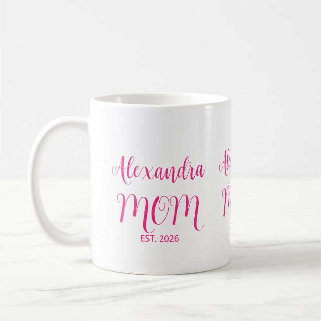 Mom Established Pink Script Name  Two-Tone Coffee Mug (Left)