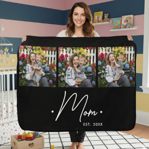 Mom Established Script 3 Photo Black Baby Blanket