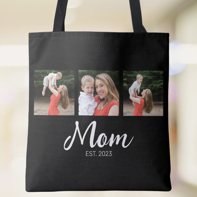 Mom Established Script 3 Photo Black Tote Bag (Creator Uploaded)