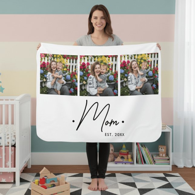 Mom Established Script 3 Photo White Baby Blanket (Creator Uploaded)