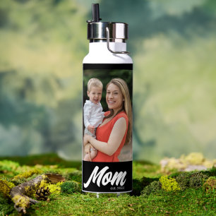 Mom Established Script Black 2 Photo Water Bottle